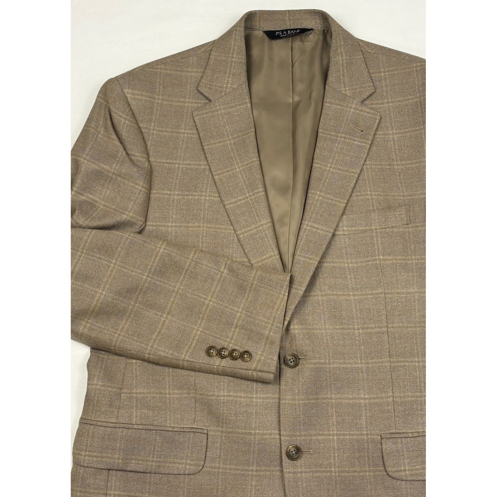 Jos A Bank Silk/Wool Sport Coat 46R Tan w/Yellow/Ivory/Rust Windowpane Plaid EUC